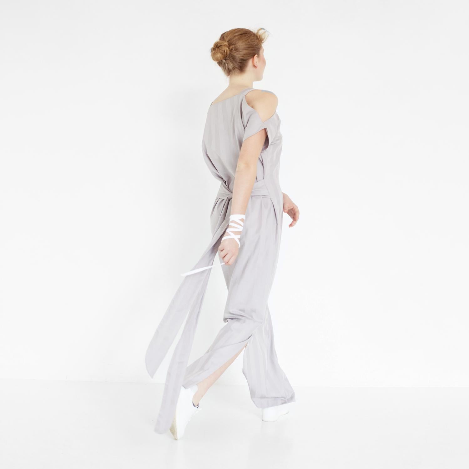 striped evening gown with cut out details by Natascha von Hirschhausen fashion design made in Berlin