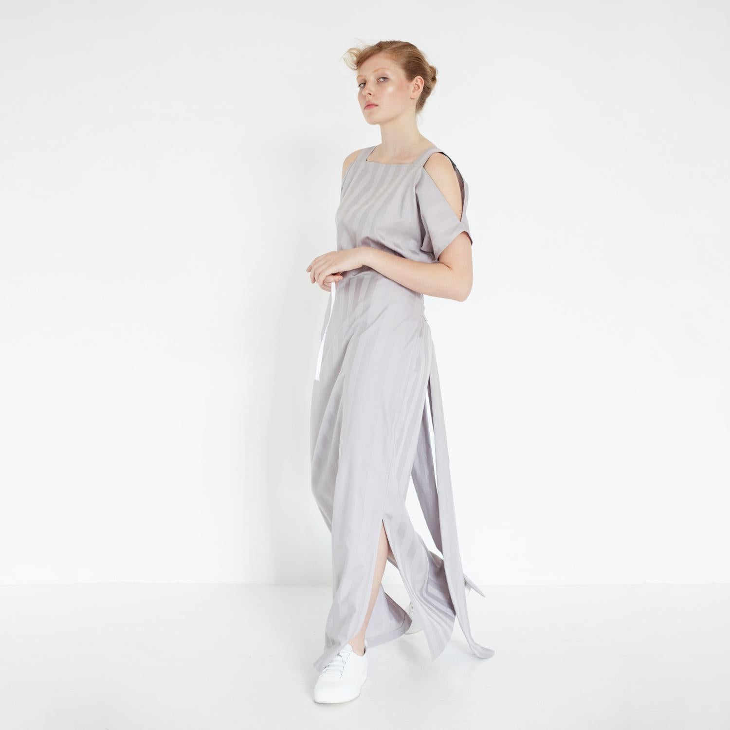 striped evening gown with cut out details by Natascha von Hirschhausen fashion design made in Berlin