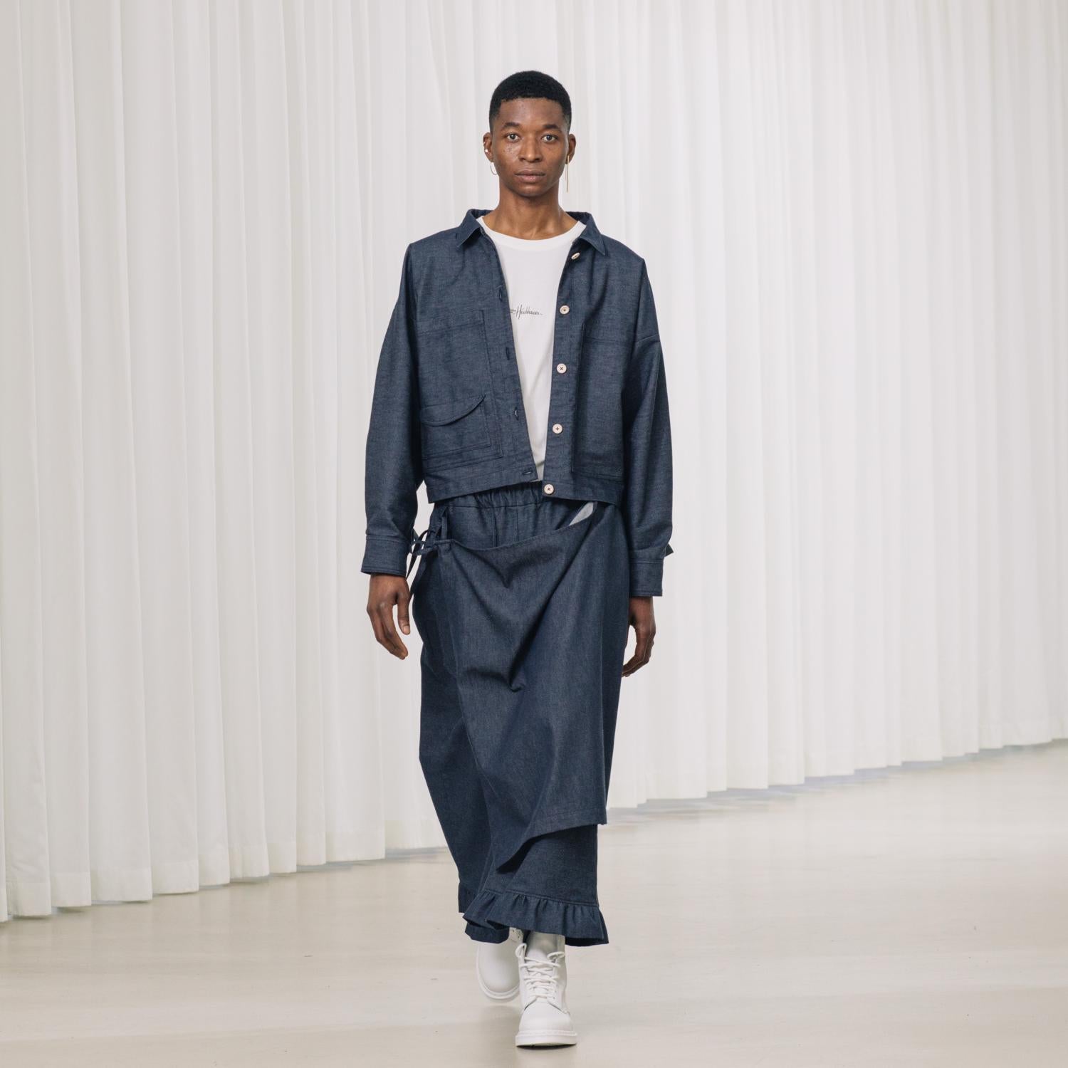 denim pants with ruffles and deconstructed drape piece