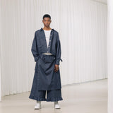denim pants with ruffles and deconstructed drape piece