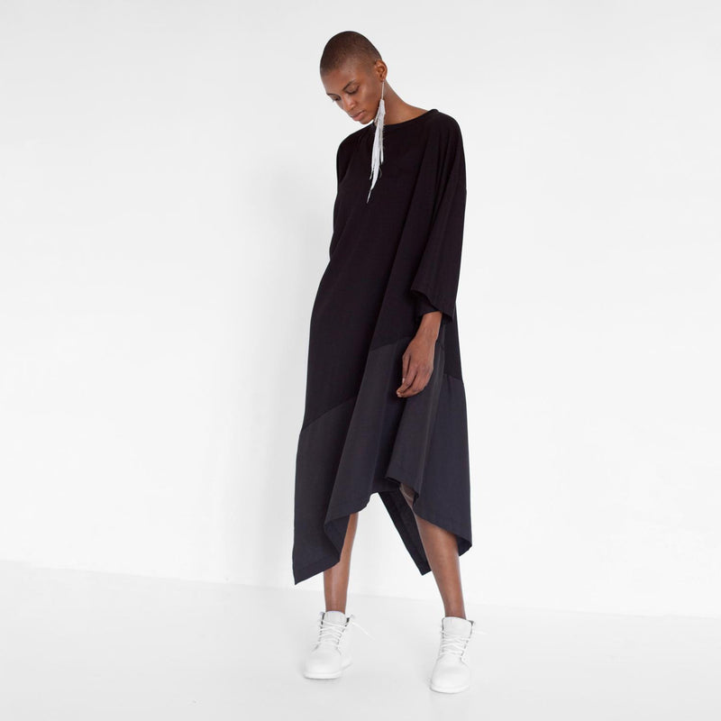 asymmetric oversized dress with fabric mix by Natascha von Hirschhausen fashion design made in Berlin
