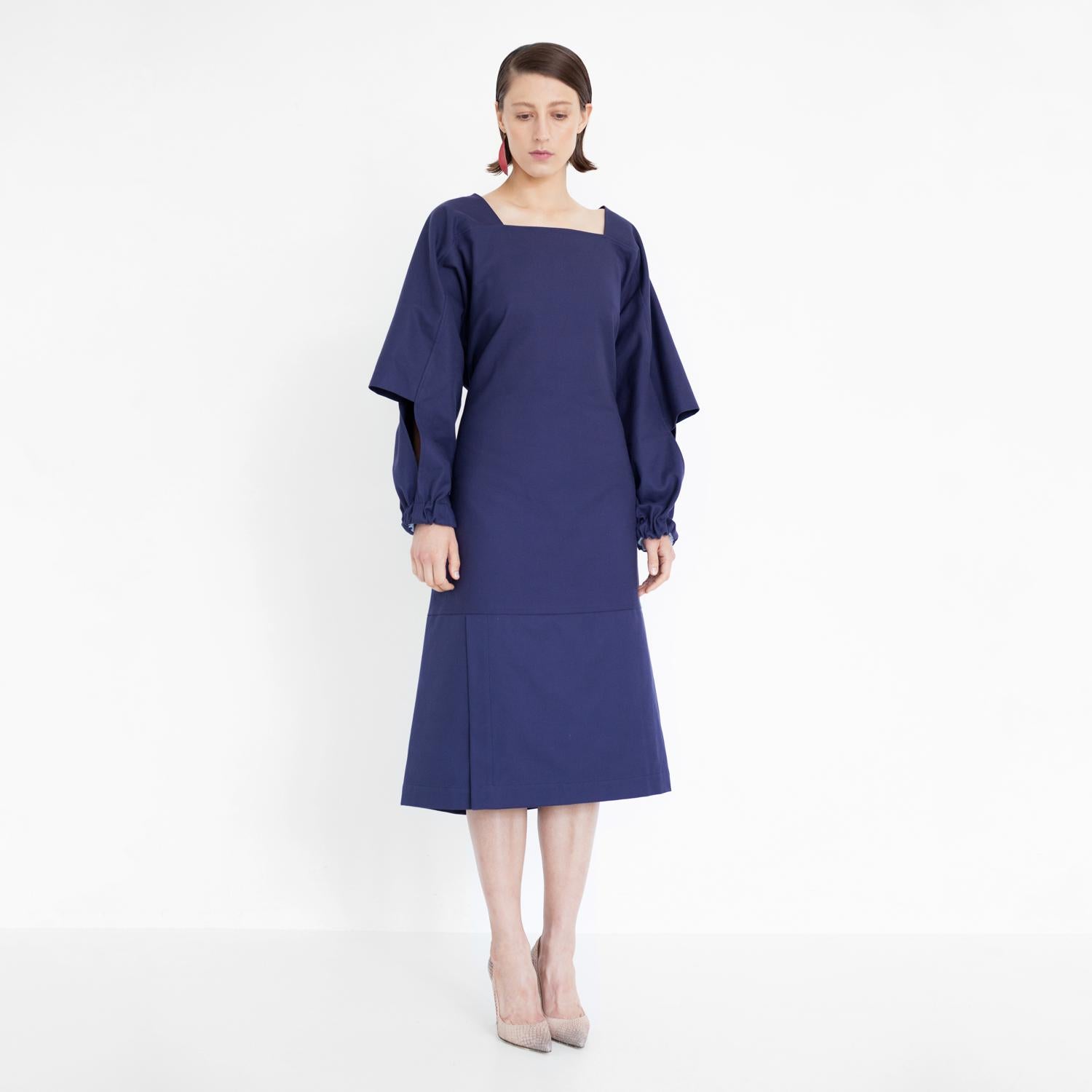 extravagant midi dress with cut out sleeves by Natascha von Hirschhausen fashion design made in Berlin