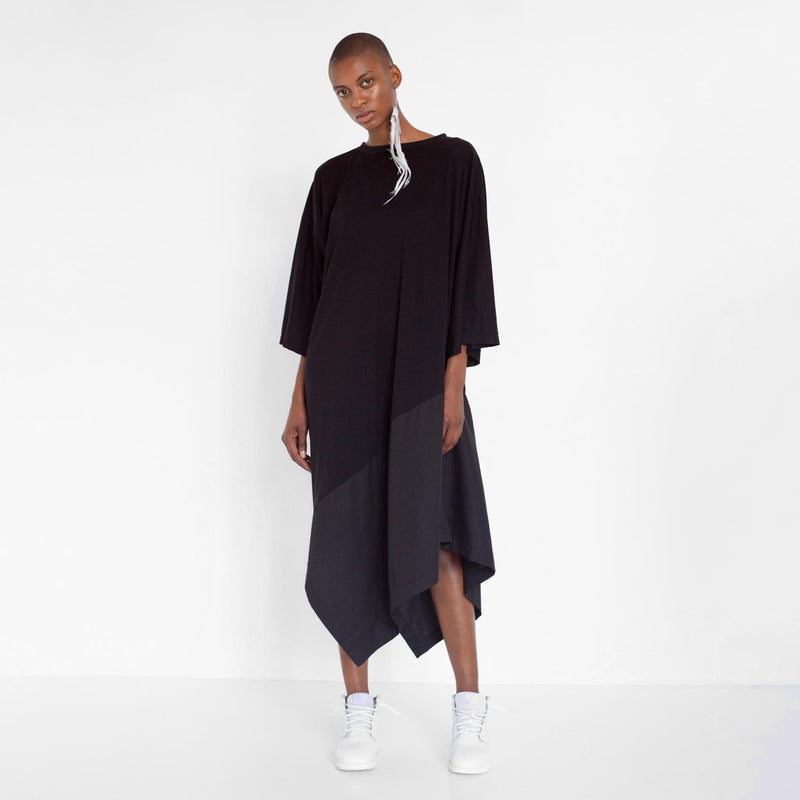 asymmetric oversized dress with fabric mix by Natascha von Hirschhausen fashion design made in Berlin