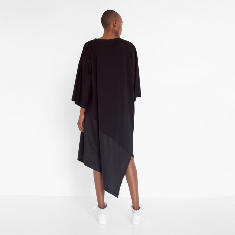 asymmetric oversized dress with fabric mix by Natascha von Hirschhausen fashion design made in Berlin